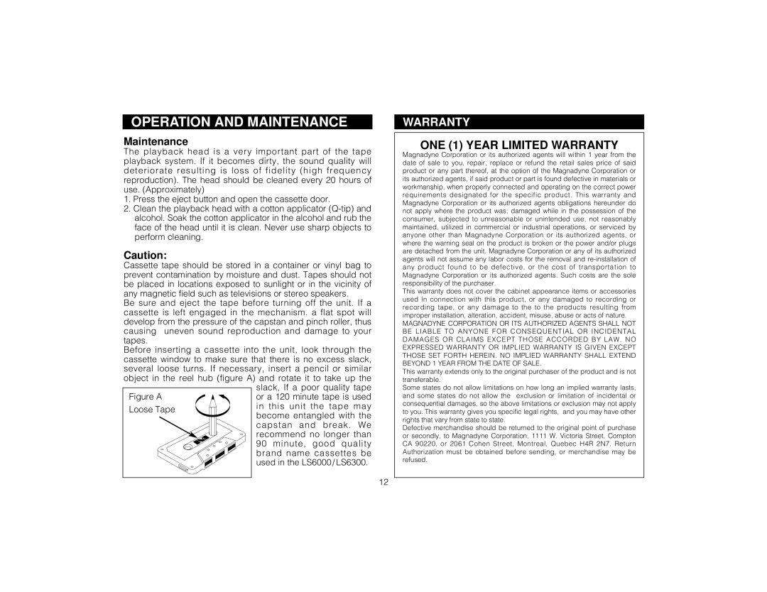 Magnadyne LS6300, LS6000 owner manual Warranty, Maintenance 