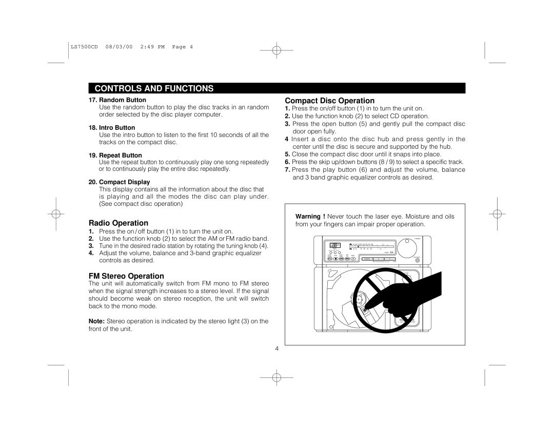 Magnadyne LS7500CD owner manual Random Button, Intro Button, Repeat Button, Compact Display 