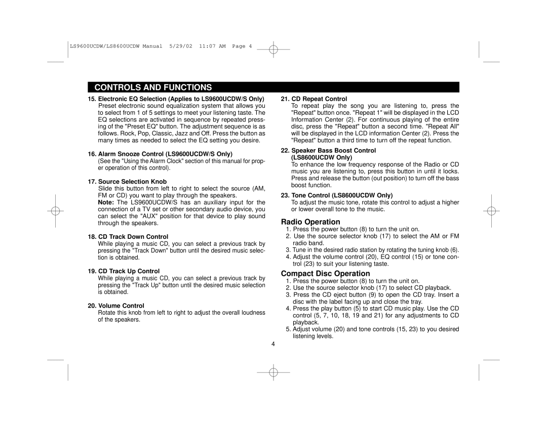 Magnadyne LS9600UCDS, LS9600UCDW, LS8600UCDW owner manual Radio Operation, Compact Disc Operation 