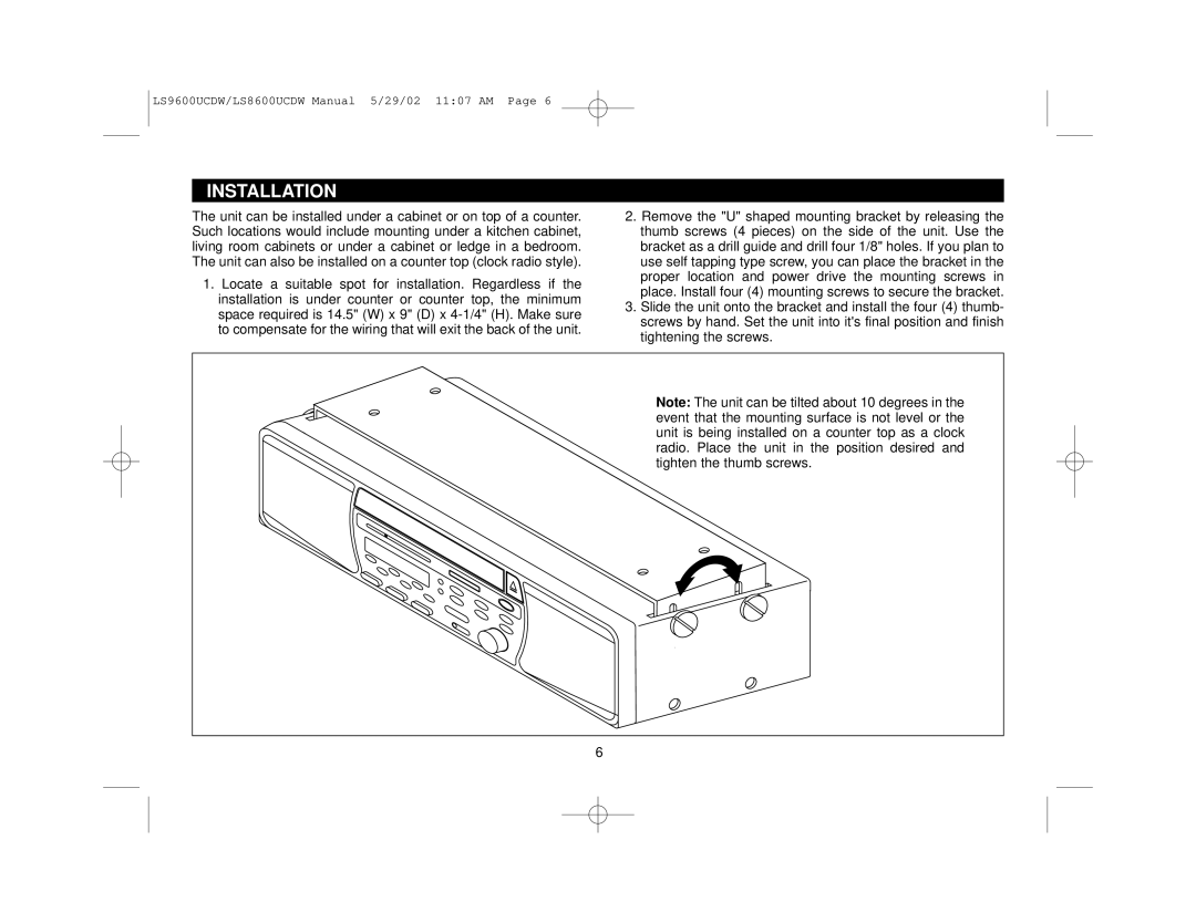 Magnadyne LS9600UCDW, LS9600UCDS, LS8600UCDW owner manual Installation 