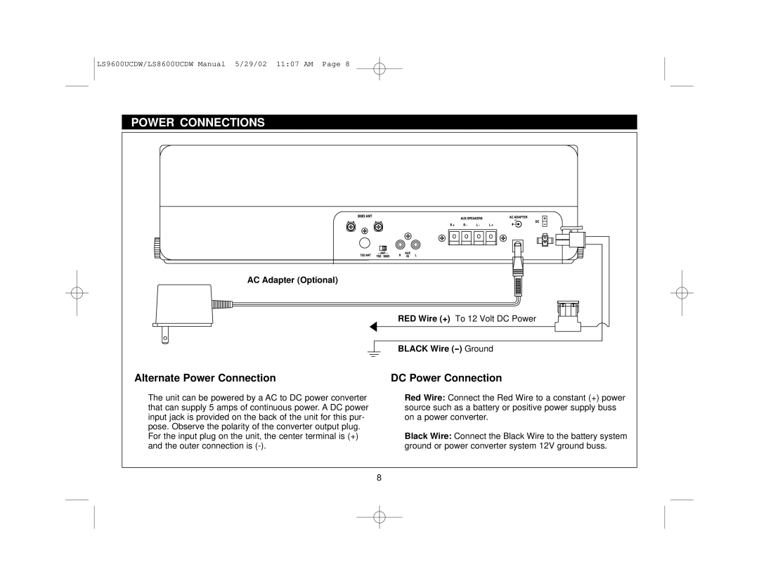 Magnadyne LS8600UCDW, LS9600UCDW Power Connections, Alternate Power Connection, DC Power Connection, AC Adapter Optional 