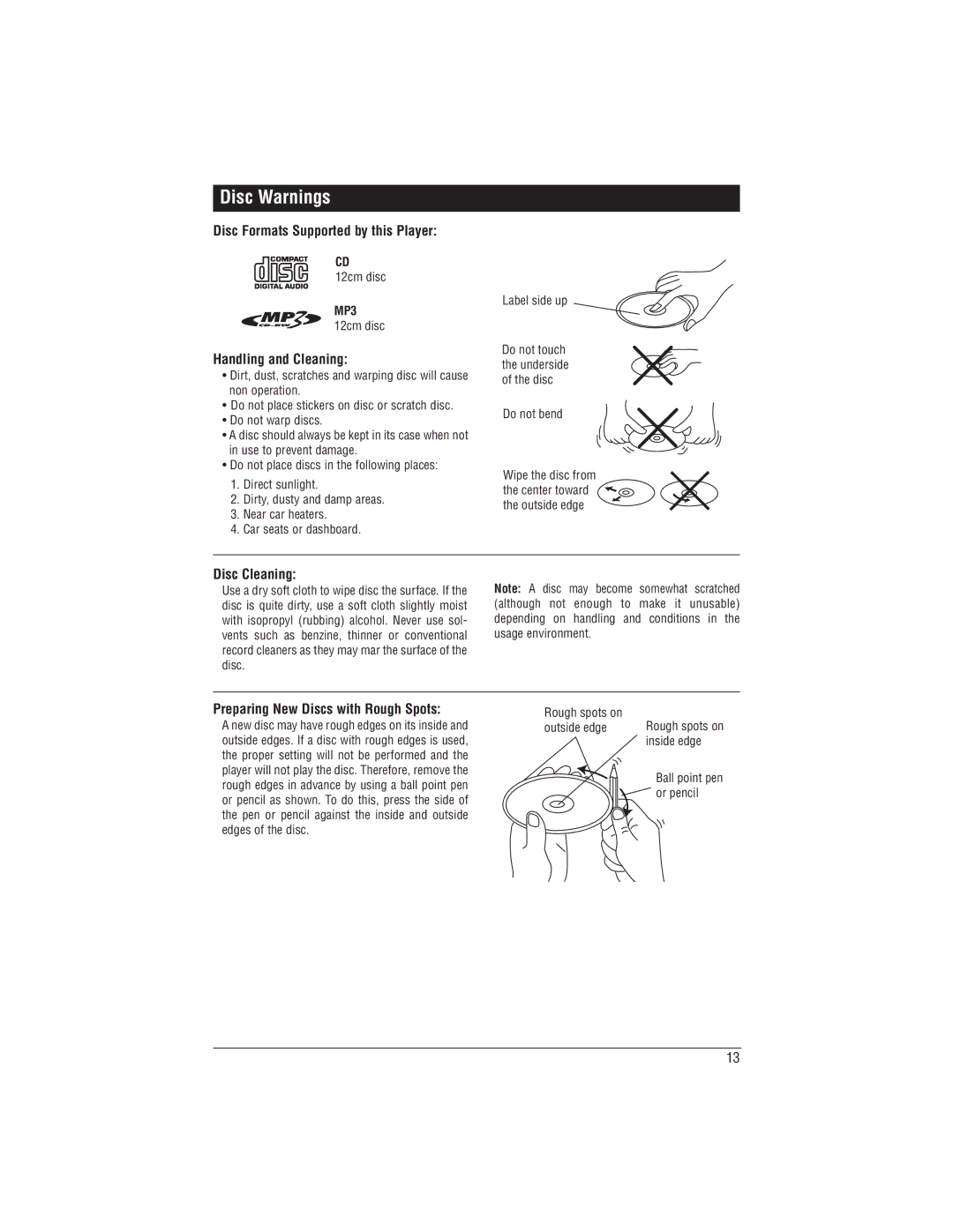 Magnadyne M1-CD Disc Warnings, Disc Formats Supported by this Player, Handling and Cleaning, Disc Cleaning 