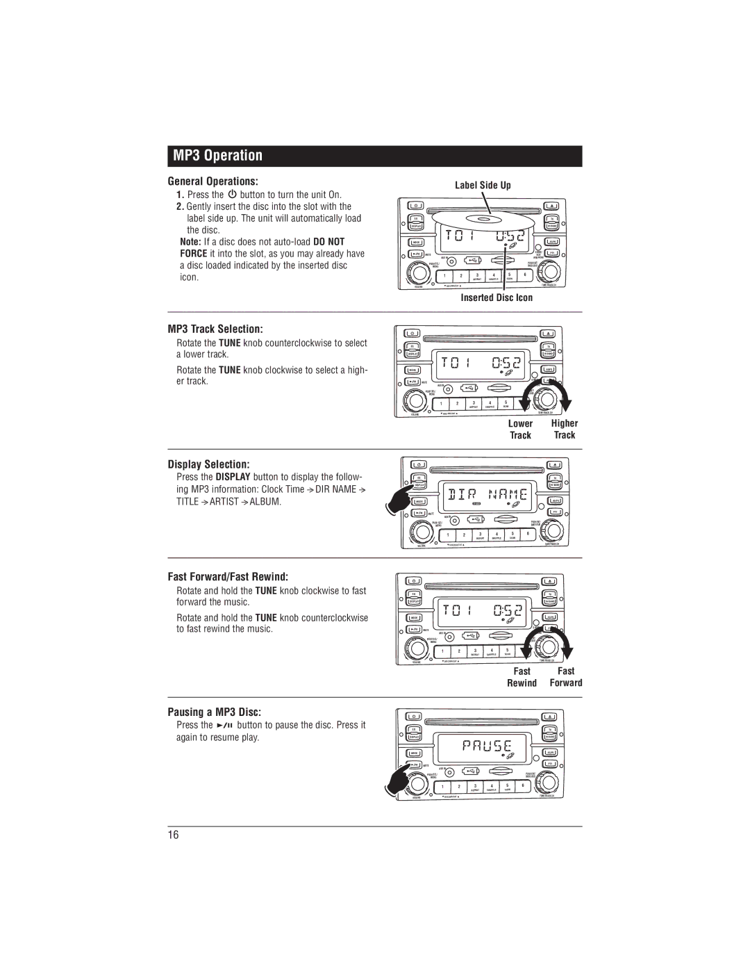 Magnadyne M1-CD installation manual MP3 Operation, MP3 Track Selection, Fast Forward/Fast Rewind, Pausing a MP3 Disc 