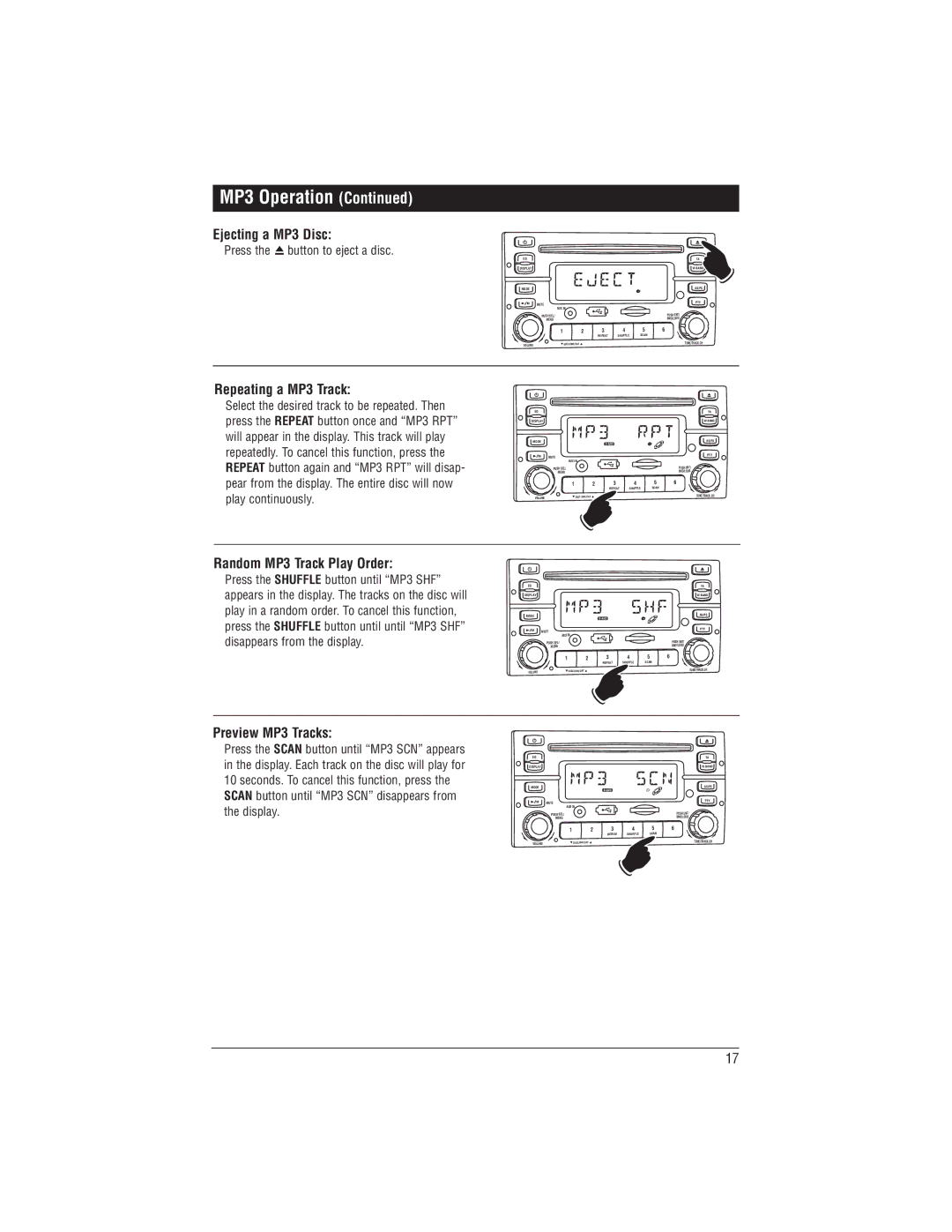 Magnadyne M1-CD Ejecting a MP3 Disc, Repeating a MP3 Track, Random MP3 Track Play Order, Preview MP3 Tracks 