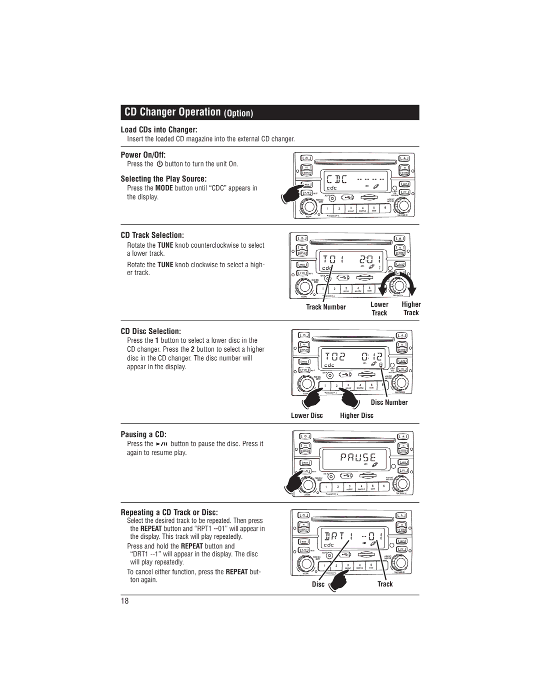 Magnadyne M1-CD CD Changer Operation Option, Load CDs into Changer, CD Disc Selection, Repeating a CD Track or Disc 