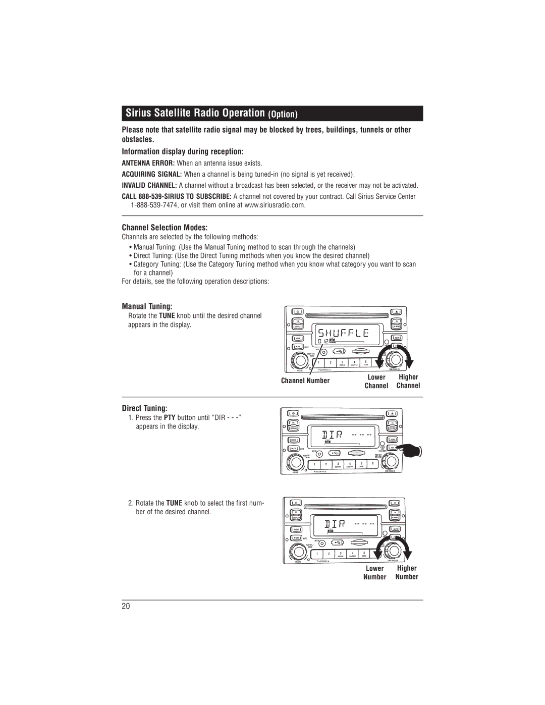 Magnadyne M1-CD Sirius Satellite Radio Operation Option, Channel Selection Modes, Manual Tuning, Direct Tuning 