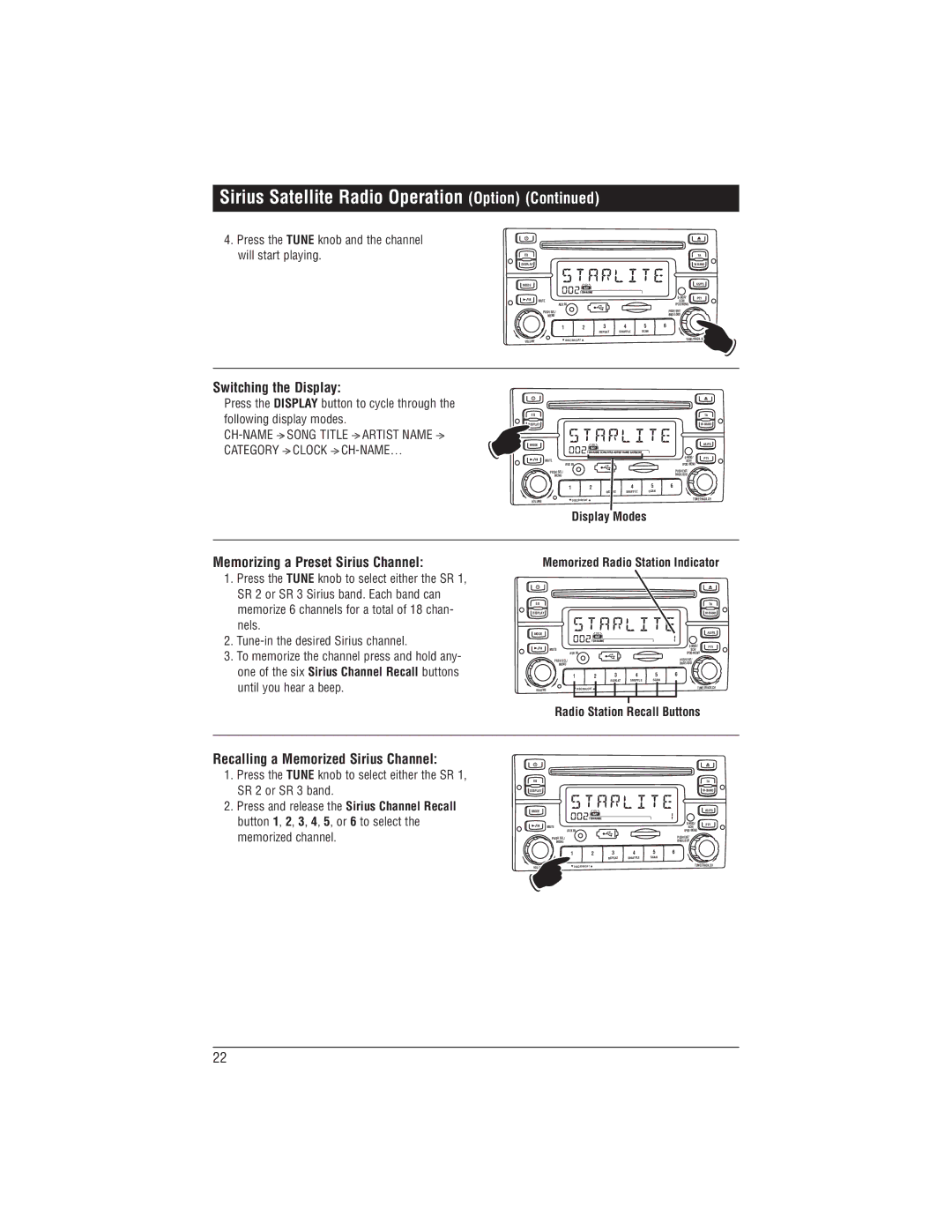 Magnadyne M1-CD Switching the Display, Memorizing a Preset Sirius Channel, Recalling a Memorized Sirius Channel 