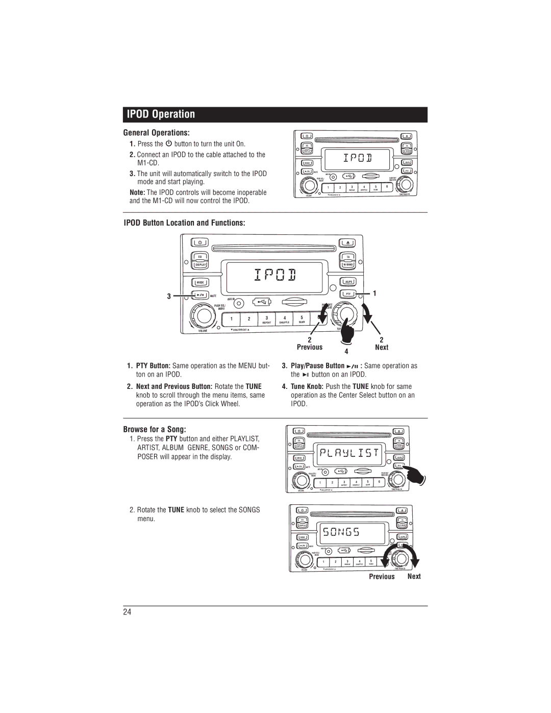 Magnadyne M1-CD installation manual Ipod Operation, Ipod Button Location and Functions, Browse for a Song, Previous Next 