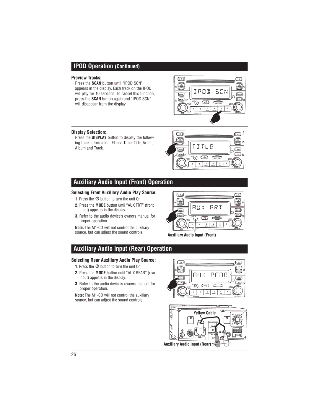 Magnadyne M1-CD Auxiliary Audio Input Front Operation, Preview Tracks, Selecting Front Auxiliary Audio Play Source 