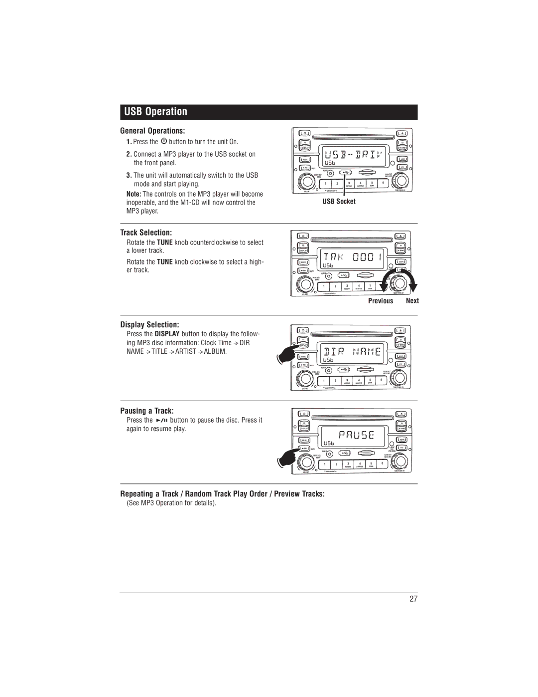 Magnadyne M1-CD installation manual USB Operation, Track Selection, See MP3 Operation for details 