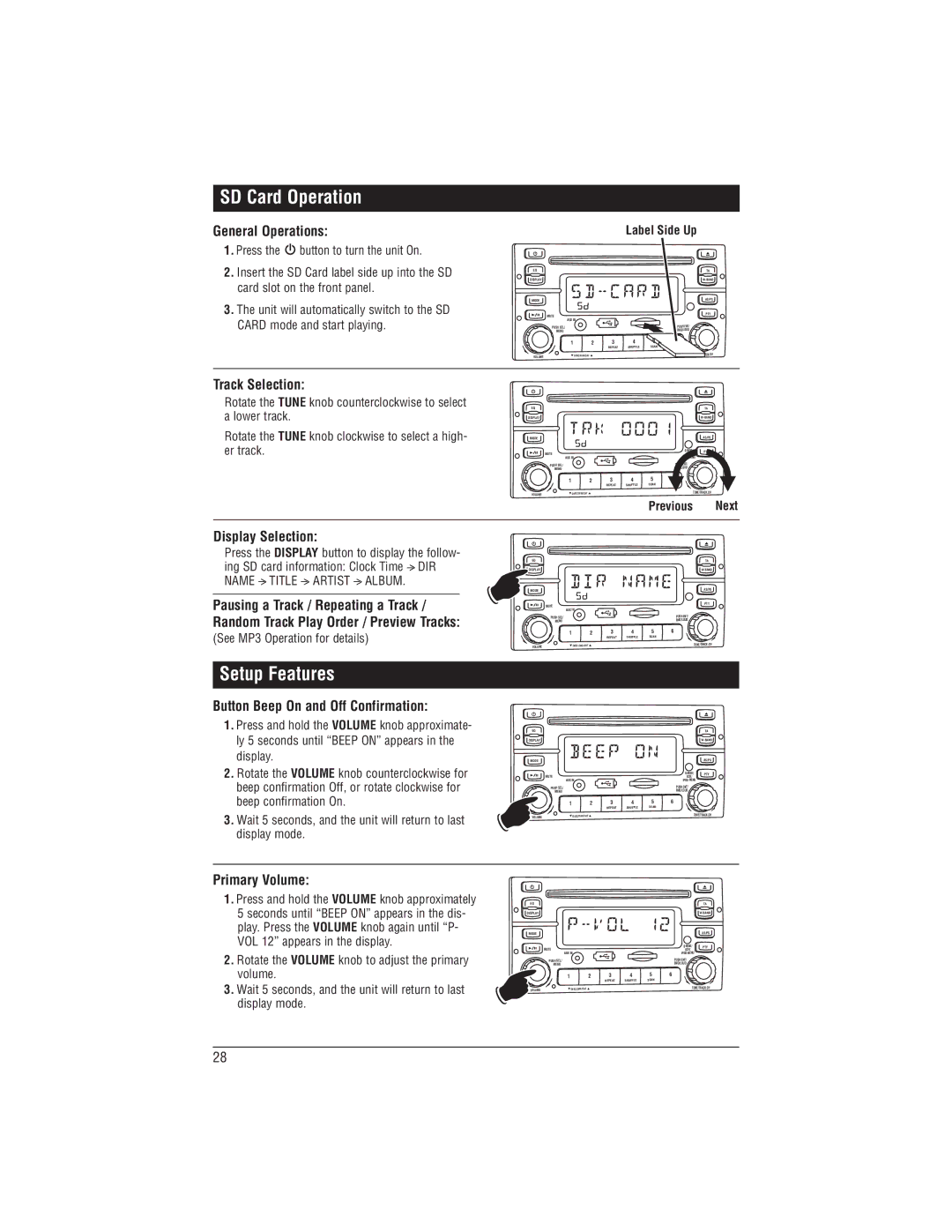 Magnadyne M1-CD installation manual SD Card Operation, Setup Features, Button Beep On and Off Confirmation, Primary Volume 