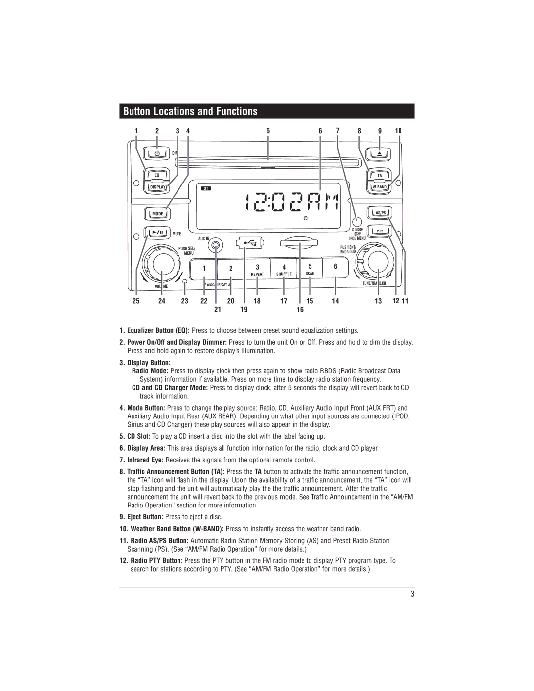 Magnadyne M1-CD installation manual Button Locations and Functions, Display Button 