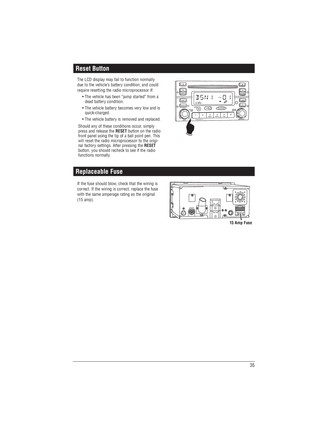 Magnadyne M1-CD installation manual Reset Button, Replaceable Fuse, Amp Fuse 