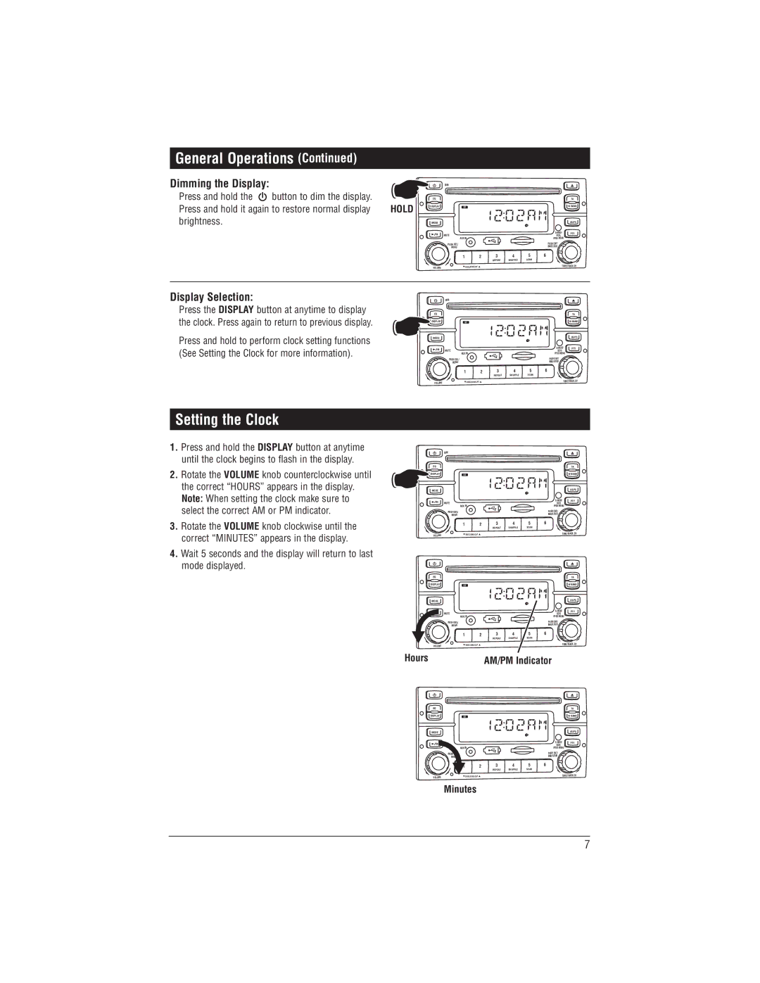 Magnadyne M1-CD installation manual Setting the Clock, Display Selection 