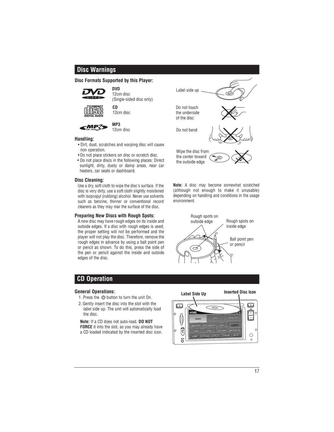 Magnadyne M1-LCD-2 installation manual Disc Warnings, CD Operation 