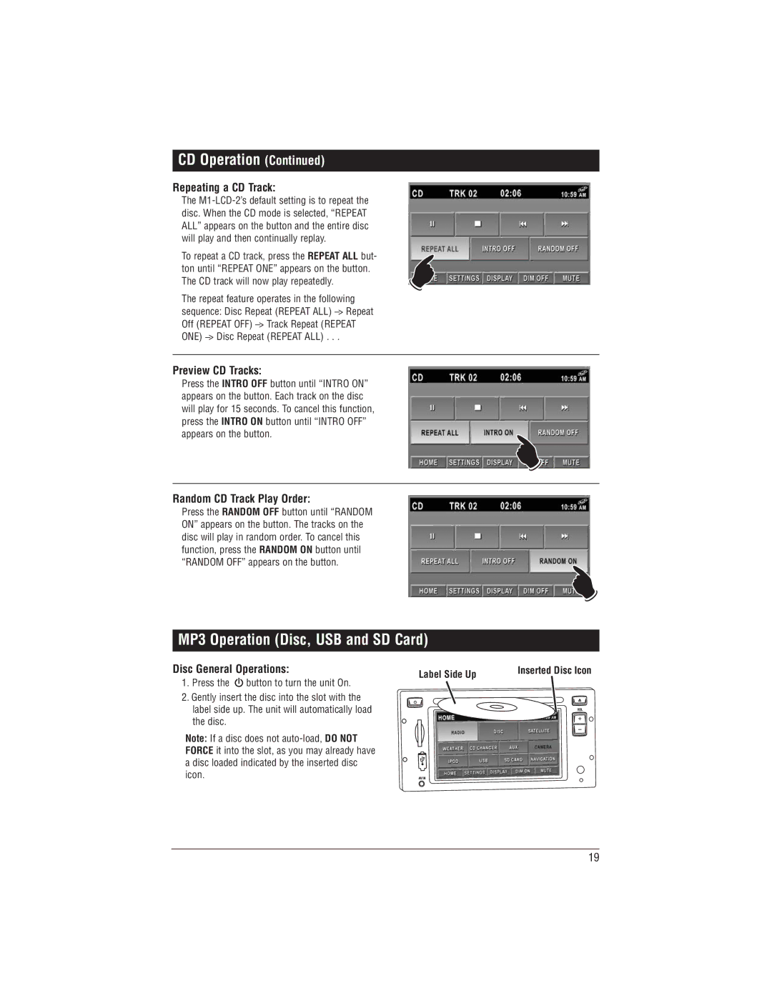 Magnadyne M1-LCD-2 MP3 Operation Disc, USB and SD Card, Repeating a CD Track, Preview CD Tracks, Disc General Operations 