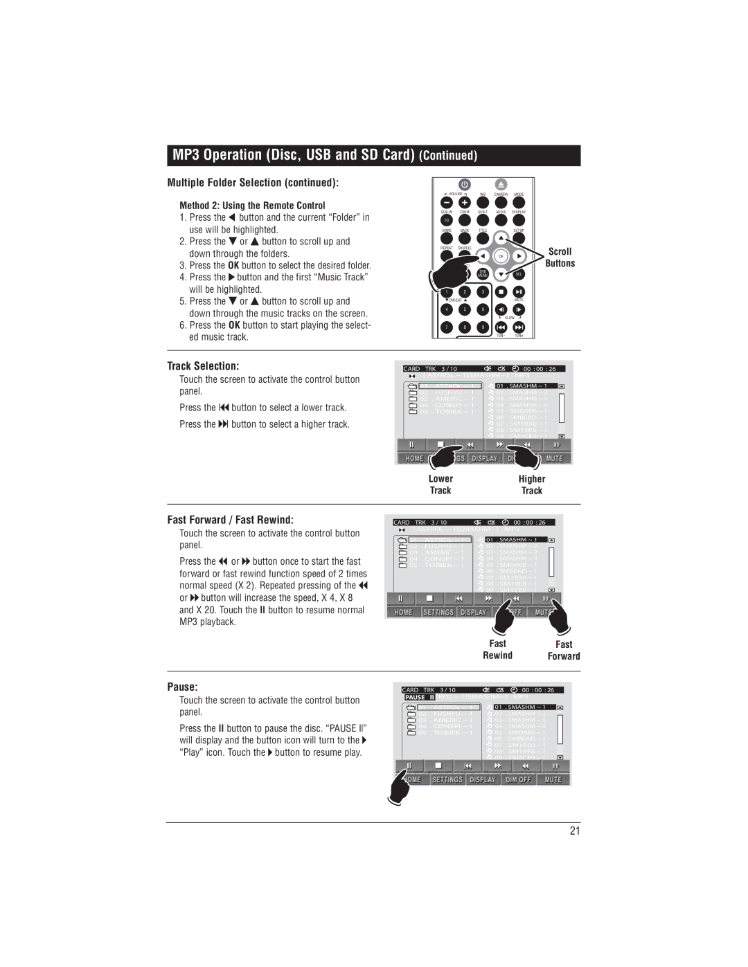 Magnadyne M1-LCD-2 installation manual Track Selection, Fast Forward / Fast Rewind, Pause 