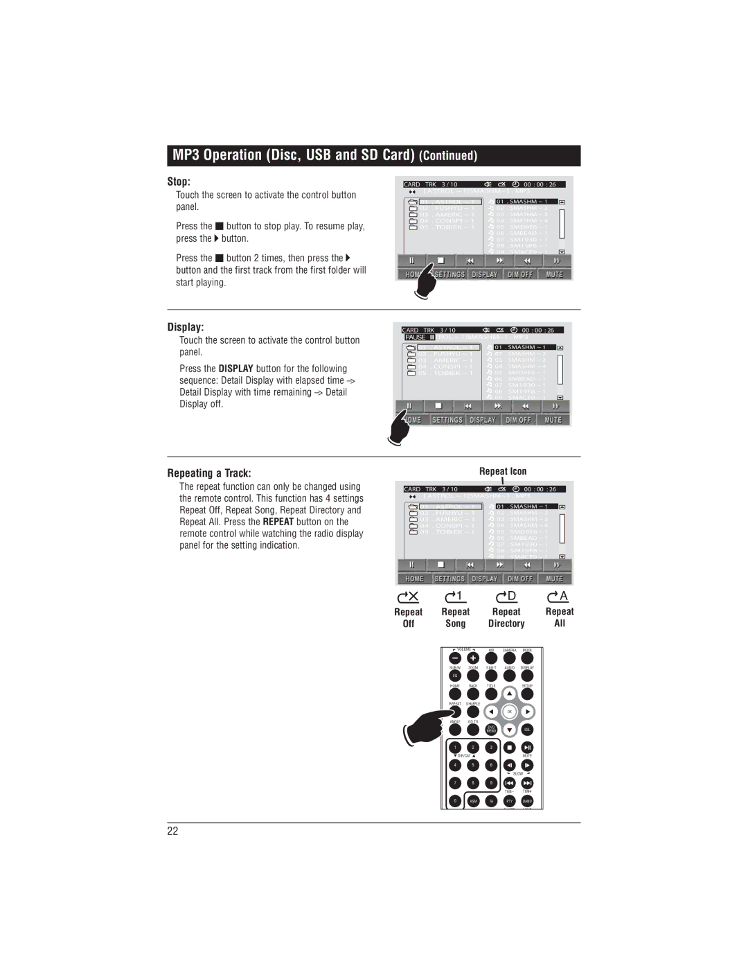 Magnadyne M1-LCD-2 installation manual Stop, Display, Repeating a Track, Repeat Icon 