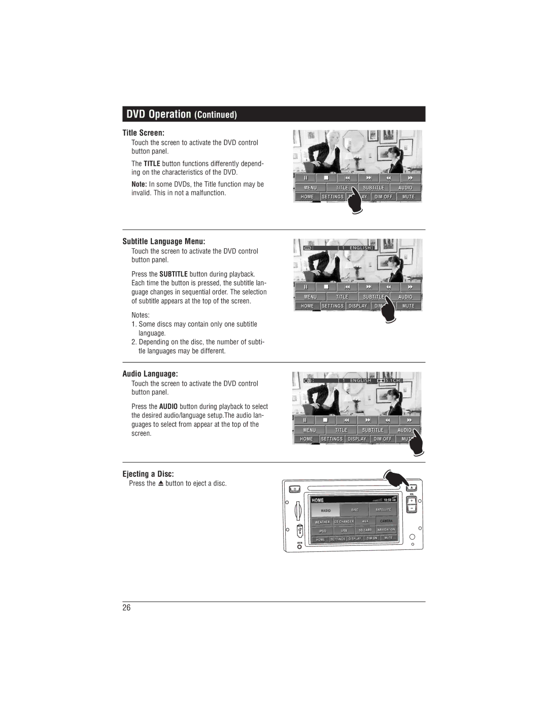 Magnadyne M1-LCD-2 installation manual Title Screen, Subtitle Language Menu, Audio Language 