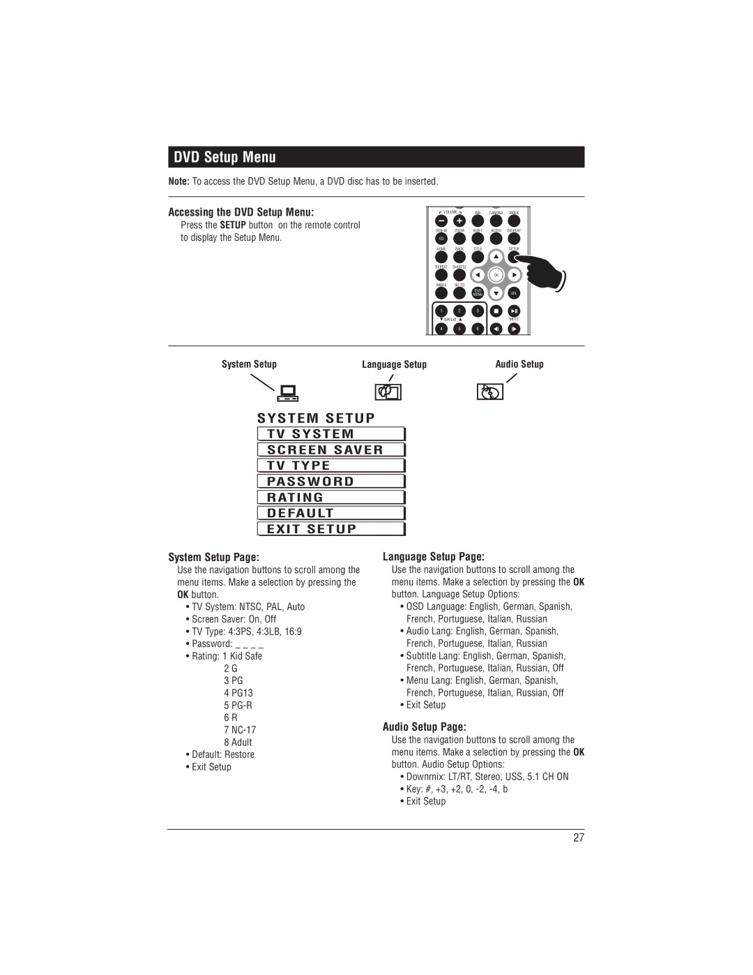 Magnadyne M1-LCD-2 installation manual Accessing the DVD Setup Menu, Audio Setup, System Setup Language Setup 