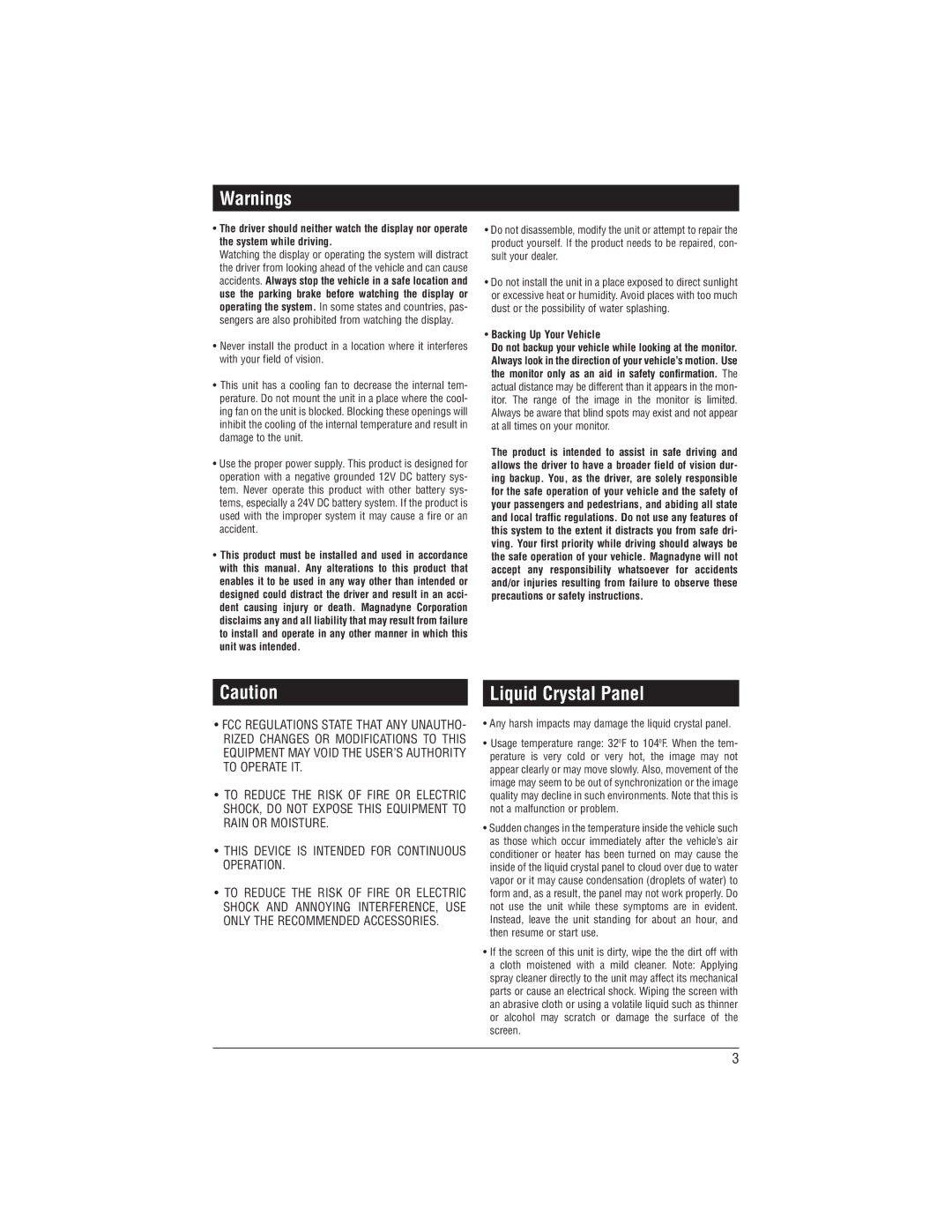 Magnadyne M1-LCD-2 installation manual Liquid Crystal Panel, Backing Up Your Vehicle 