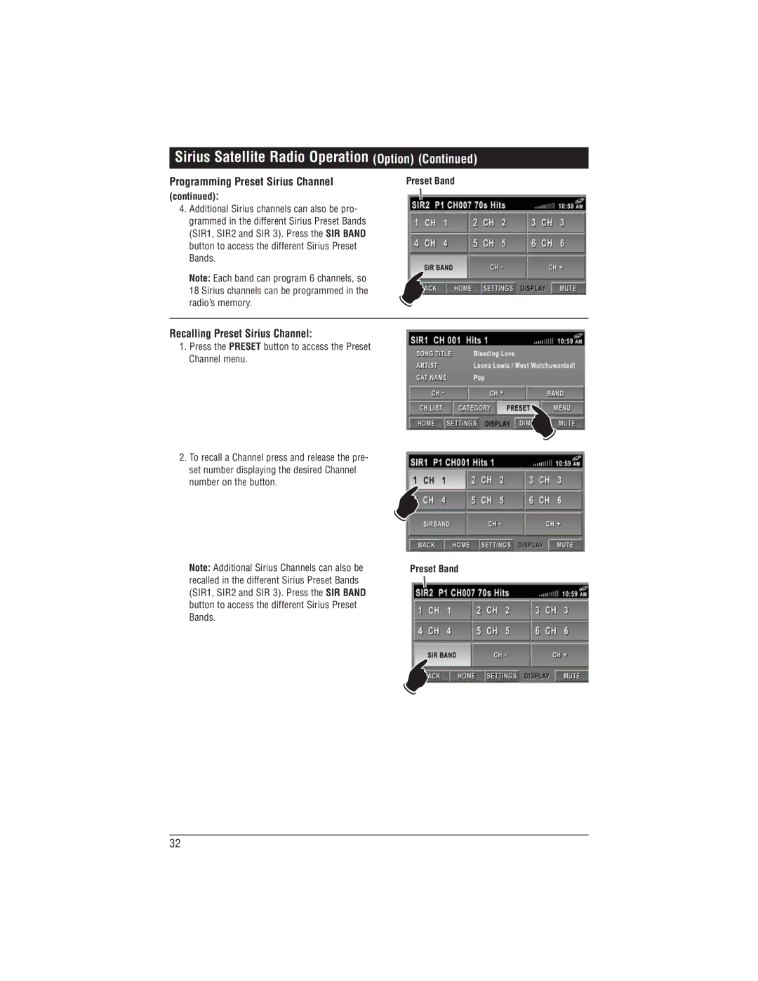 Magnadyne M1-LCD-2 installation manual Recalling Preset Sirius Channel 