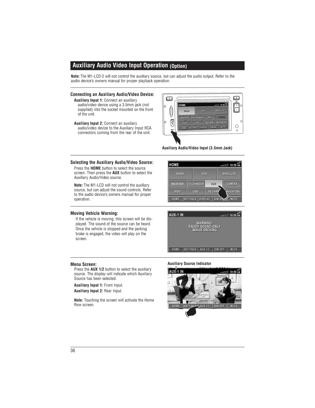 Magnadyne M1-LCD-2 Auxiliary Audio Video Input Operation Option, Connecting an Auxiliary Audio/Video Device 