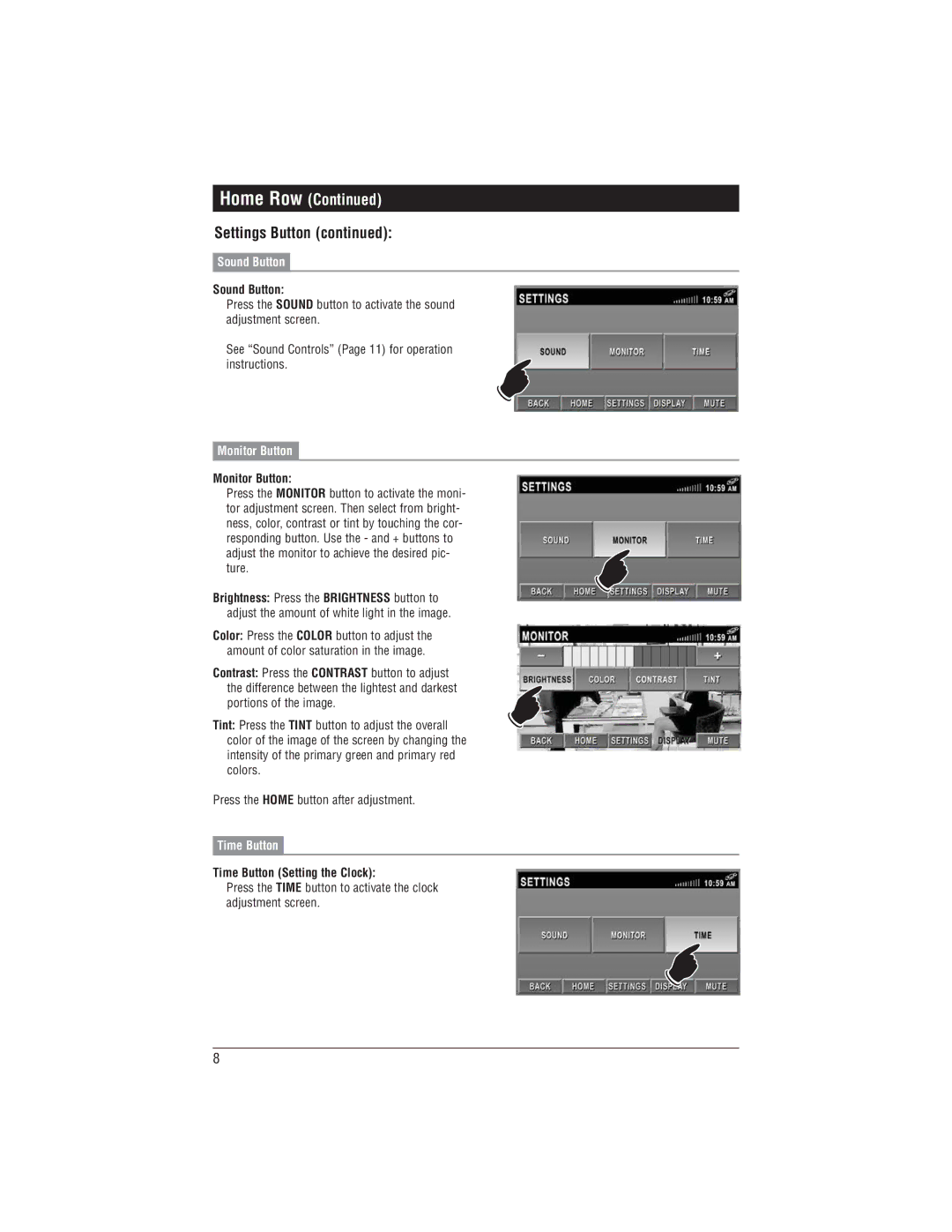 Magnadyne M1-LCD-2 installation manual Sound Button, Monitor Button, Time Button Setting the Clock 