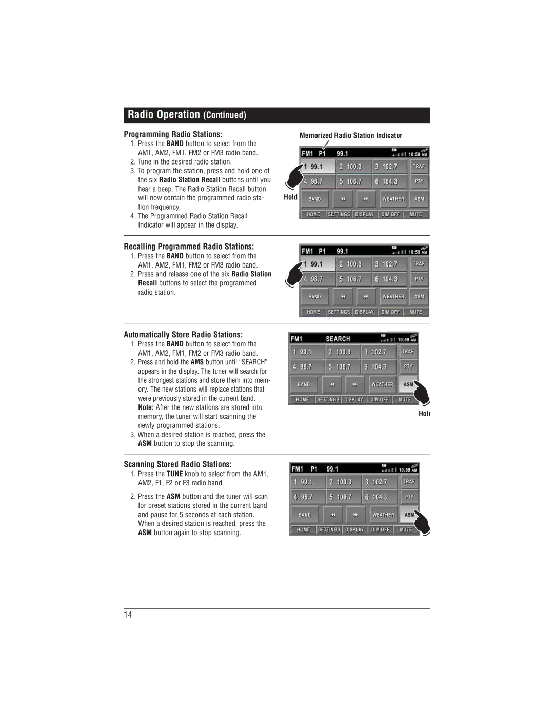 Magnadyne M1-LCD Programming Radio Stations, Recalling Programmed Radio Stations, Automatically Store Radio Stations, Hold 