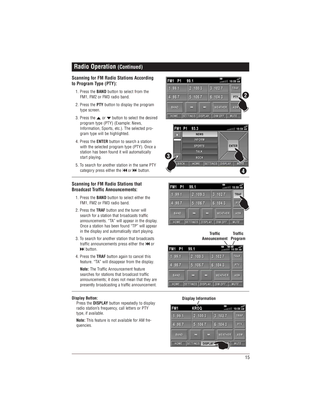 Magnadyne M1-LCD installation manual Press the PTY button to display the program type screen, Start playing, Display Button 