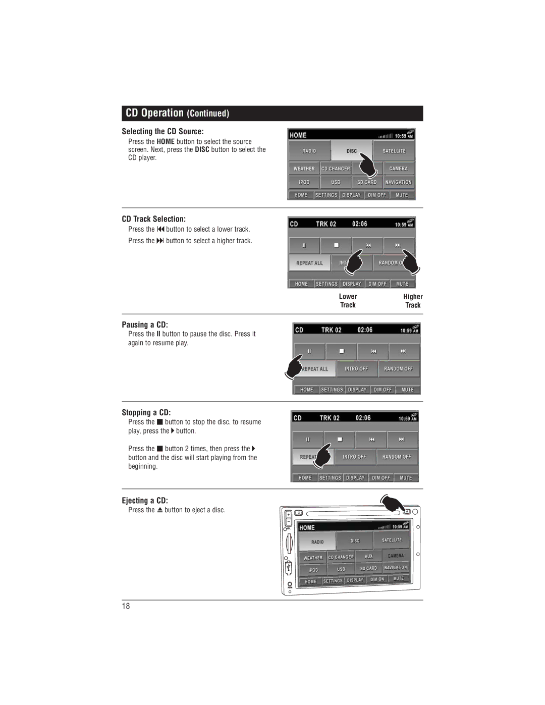 Magnadyne M1-LCD Selecting the CD Source, CD Track Selection, Pausing a CD, Stopping a CD, Ejecting a CD 