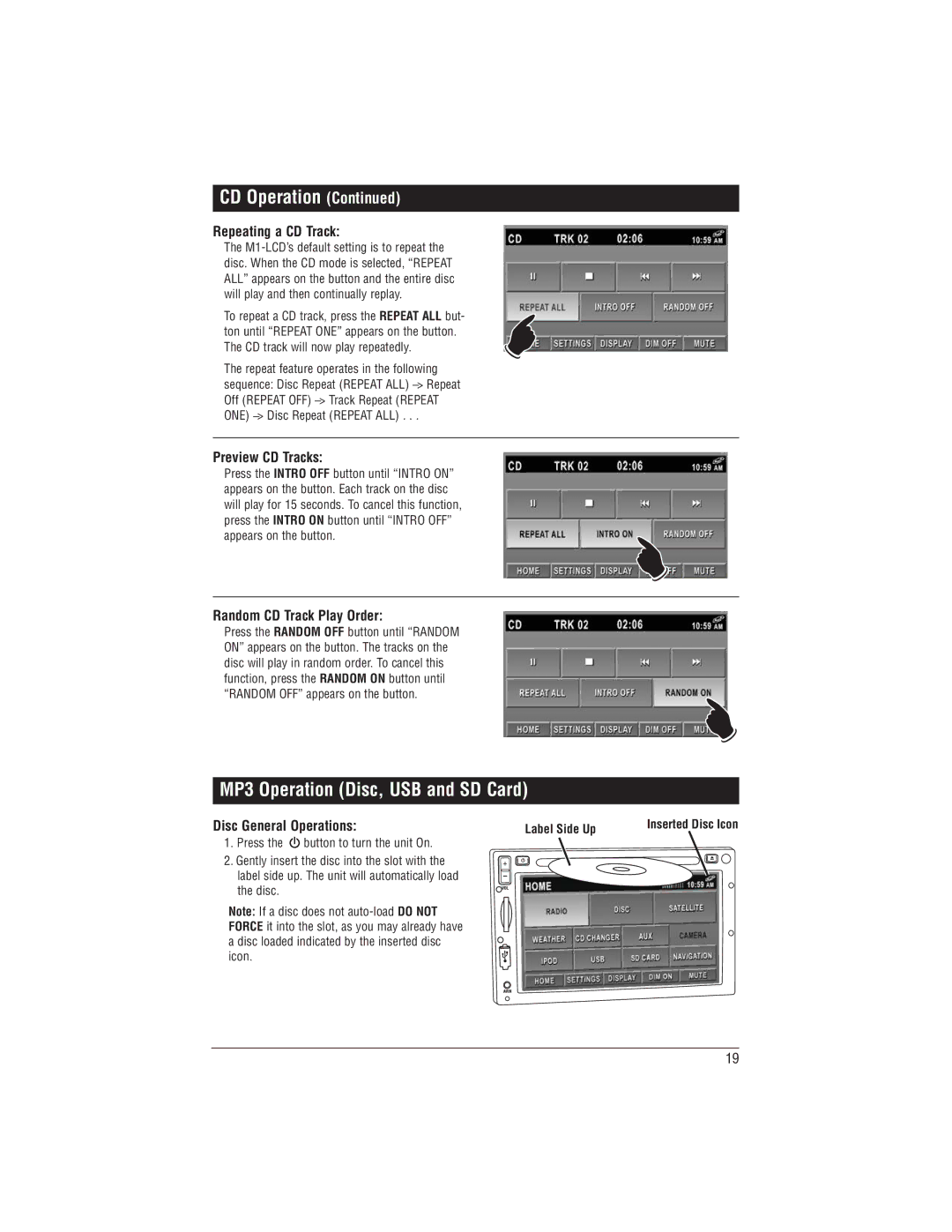 Magnadyne M1-LCD MP3 Operation Disc, USB and SD Card, Repeating a CD Track, Preview CD Tracks, Random CD Track Play Order 