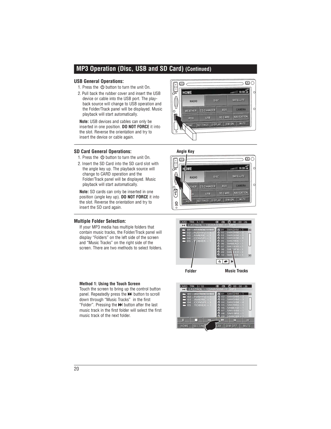 Magnadyne M1-LCD USB General Operations, SD Card General Operations, Multiple Folder Selection, Folder Music Tracks 