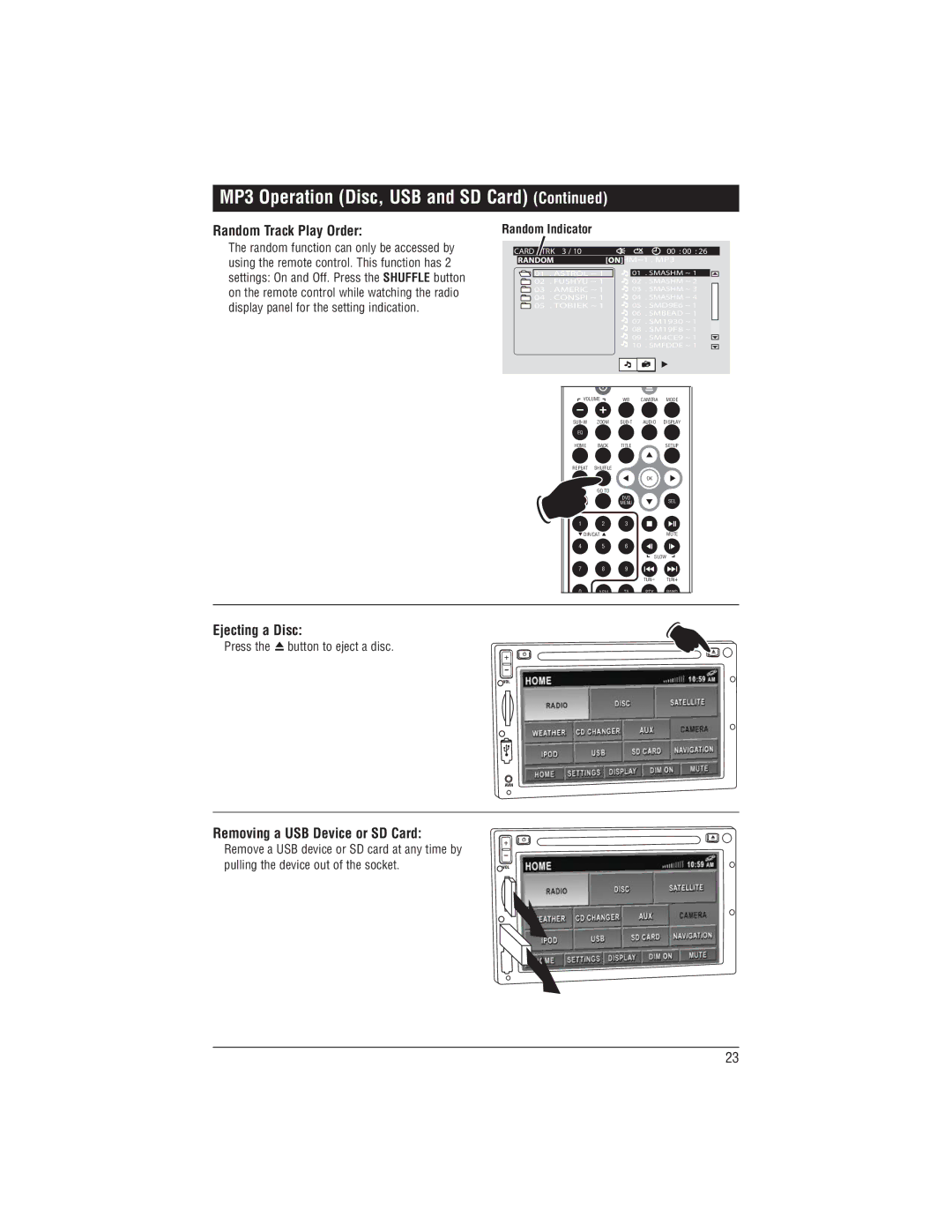 Magnadyne M1-LCD Random Track Play Order, Ejecting a Disc, Removing a USB Device or SD Card, Random Indicator 