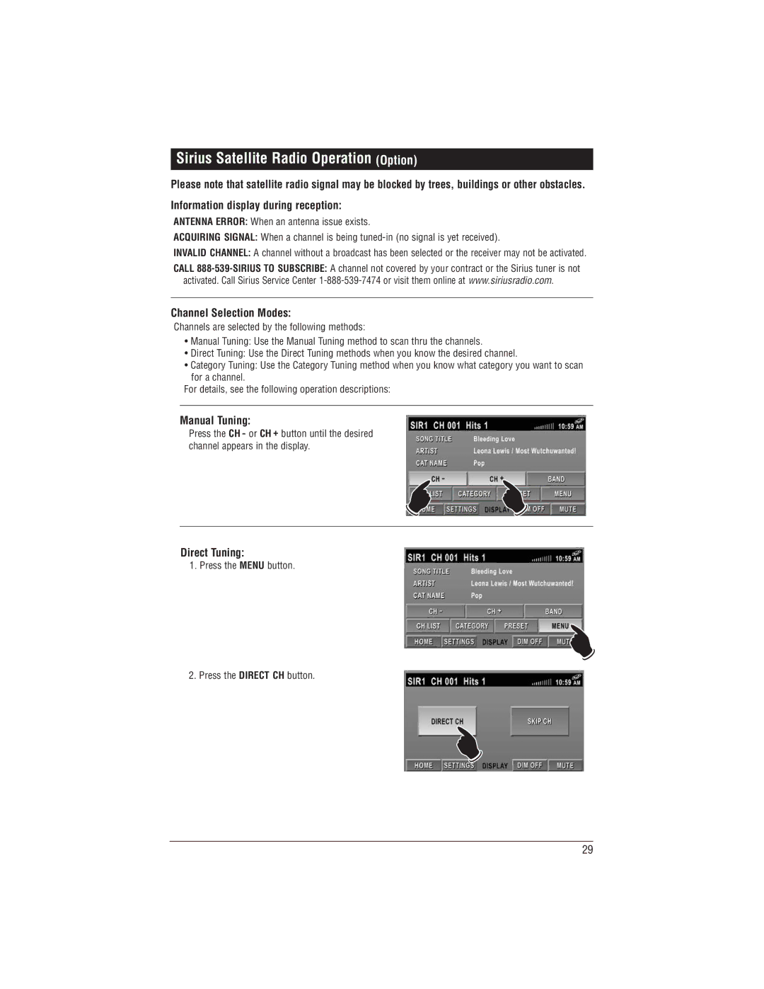 Magnadyne M1-LCD Sirius Satellite Radio Operation Option, Channel Selection Modes, Manual Tuning, Direct Tuning 