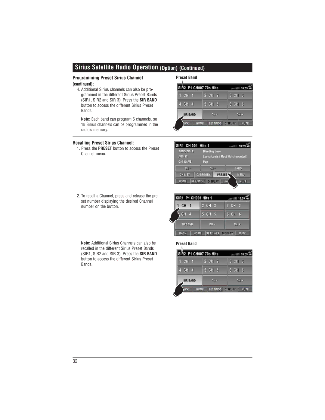 Magnadyne M1-LCD installation manual Recalling Preset Sirius Channel 