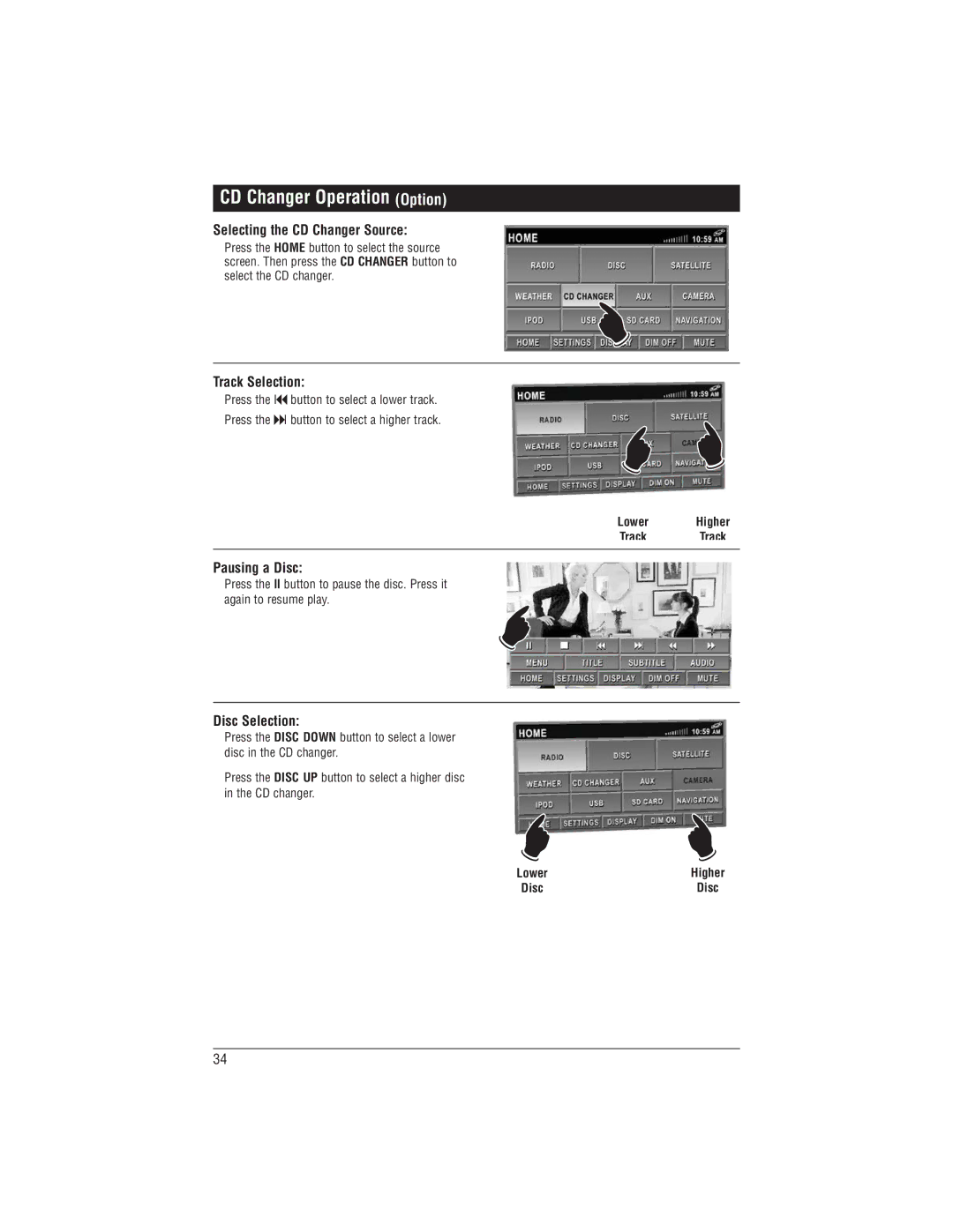 Magnadyne M1-LCD CD Changer Operation Option, Selecting the CD Changer Source, Pausing a Disc, Disc Selection 