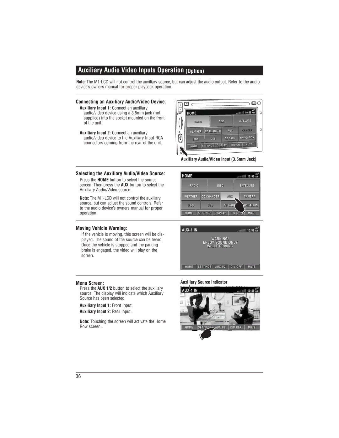 Magnadyne M1-LCD Auxiliary Audio Video Inputs Operation Option, Connecting an Auxiliary Audio/Video Device 