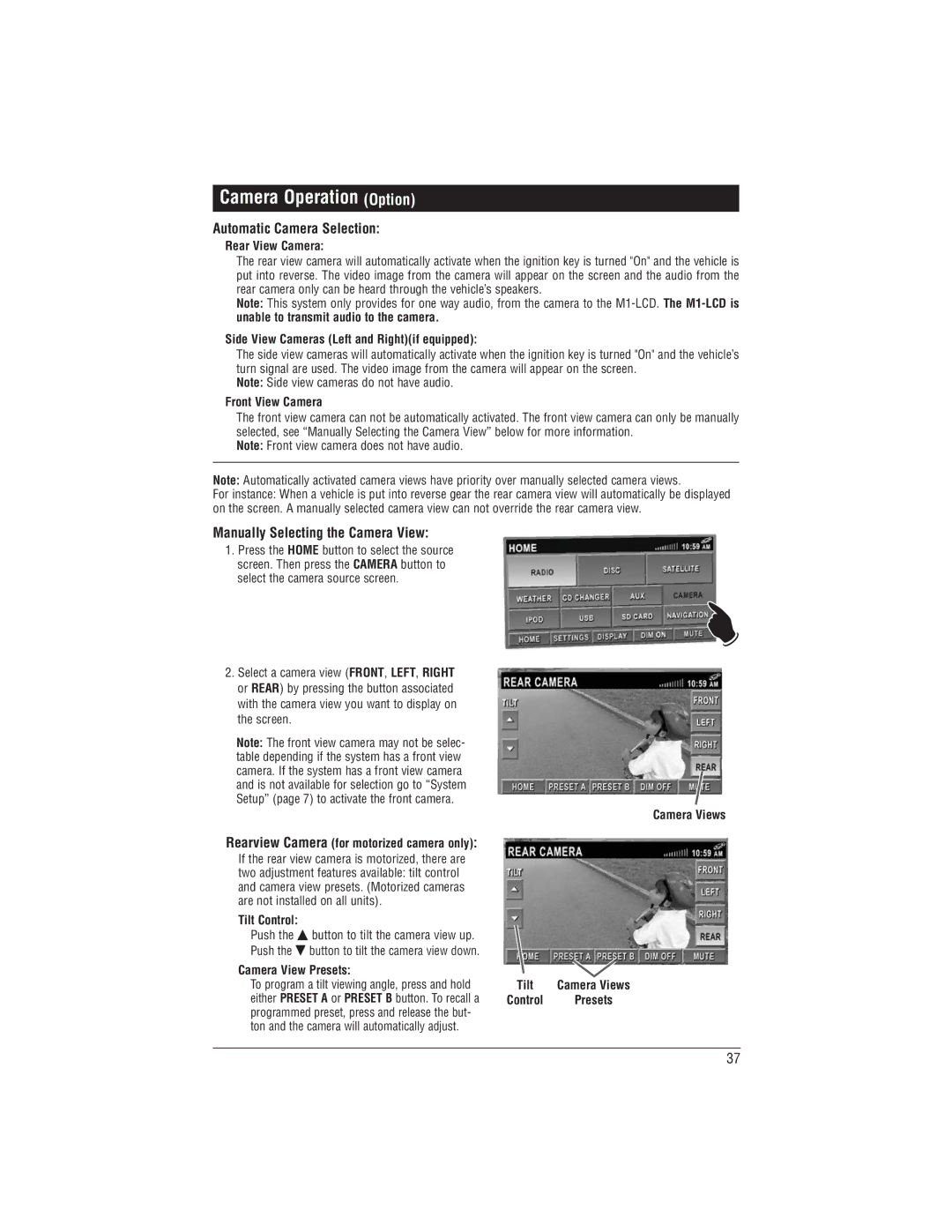 Magnadyne M1-LCD Camera Operation Option, Automatic Camera Selection, Manually Selecting the Camera View 