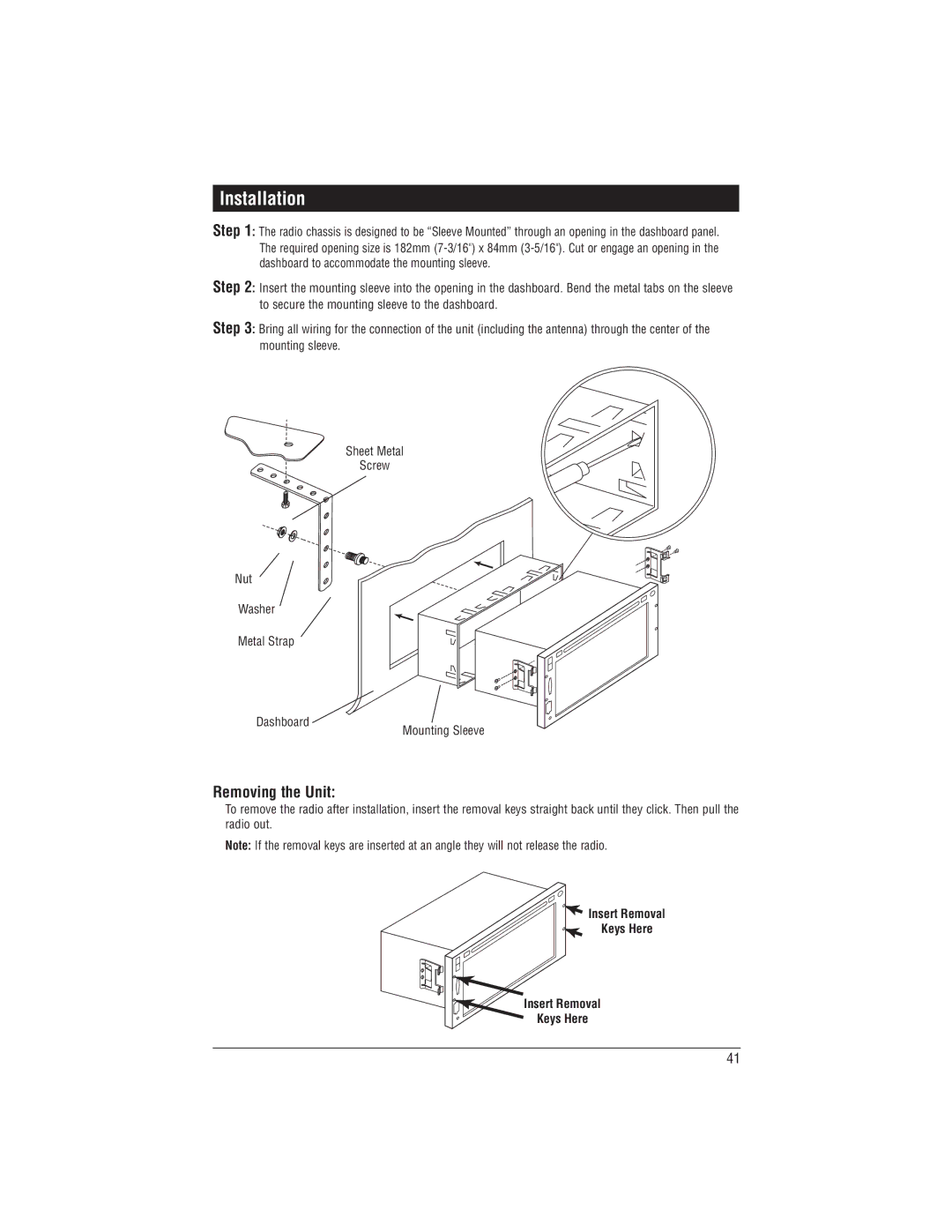 Magnadyne M1-LCD installation manual Installation, Insert Removal Keys Here 