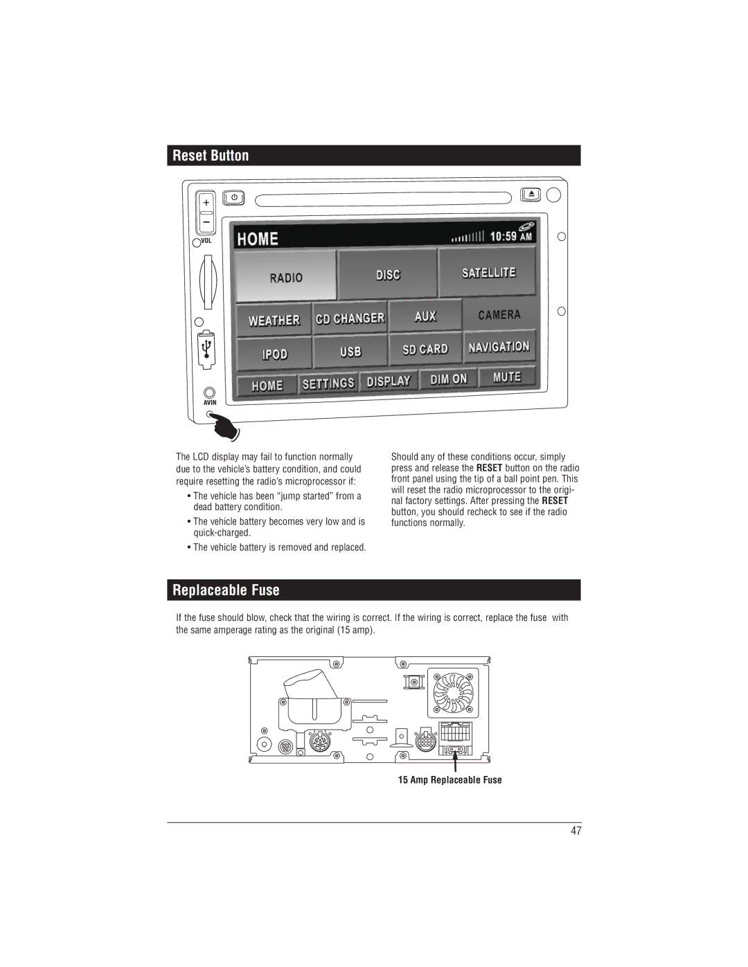 Magnadyne M1-LCD installation manual Reset Button, Amp Replaceable Fuse 