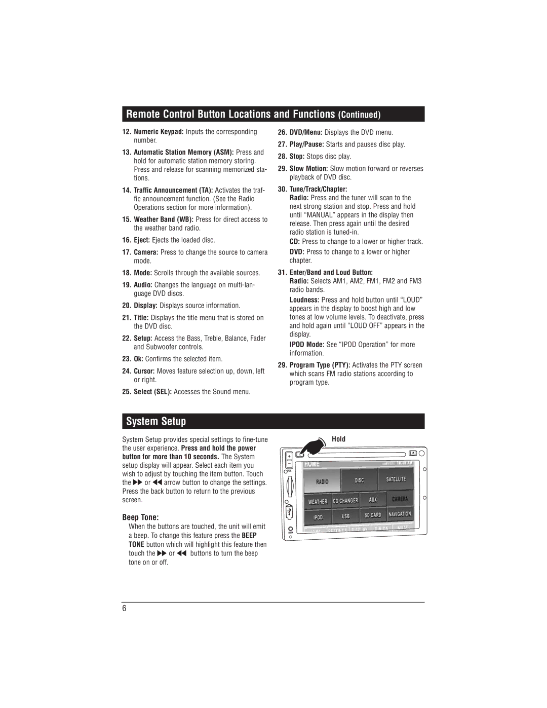 Magnadyne M1-LCD installation manual System Setup, Beep Tone, Tune/Track/Chapter, Enter/Band and Loud Button 