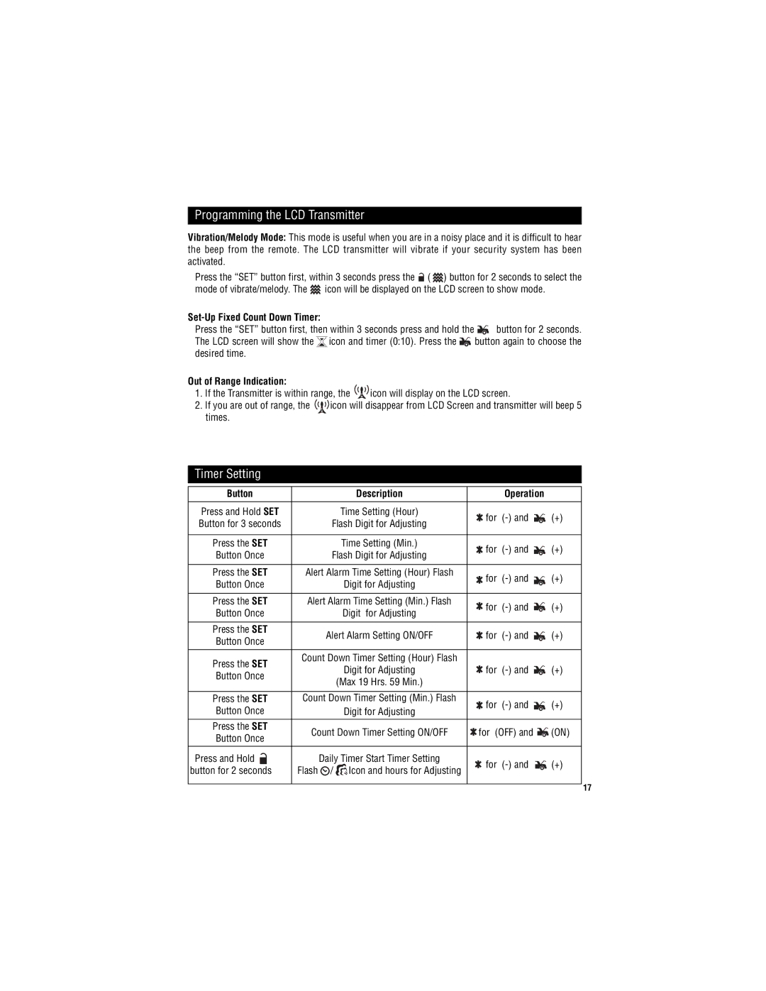 Magnadyne M11RF-LCD user manual Timer Setting, Set-Up Fixed Count Down Timer, Out of Range Indication, Button Description 