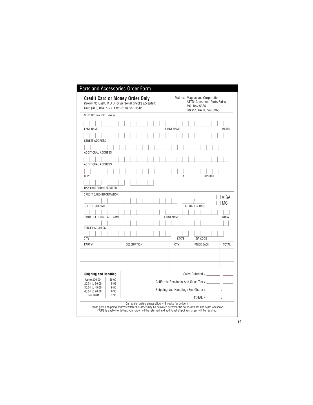 Magnadyne M11RF-LCD user manual Parts and Accessories Order Form, Credit Card or Money Order Only 