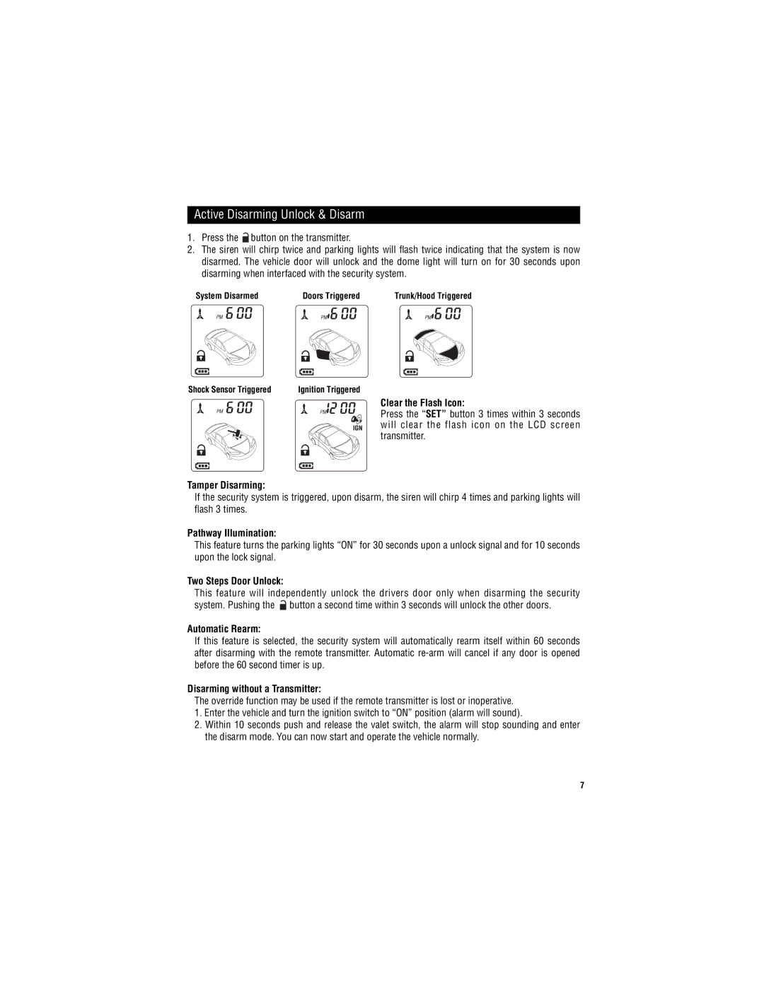 Magnadyne M11RF-LCD user manual Active Disarming Unlock & Disarm 