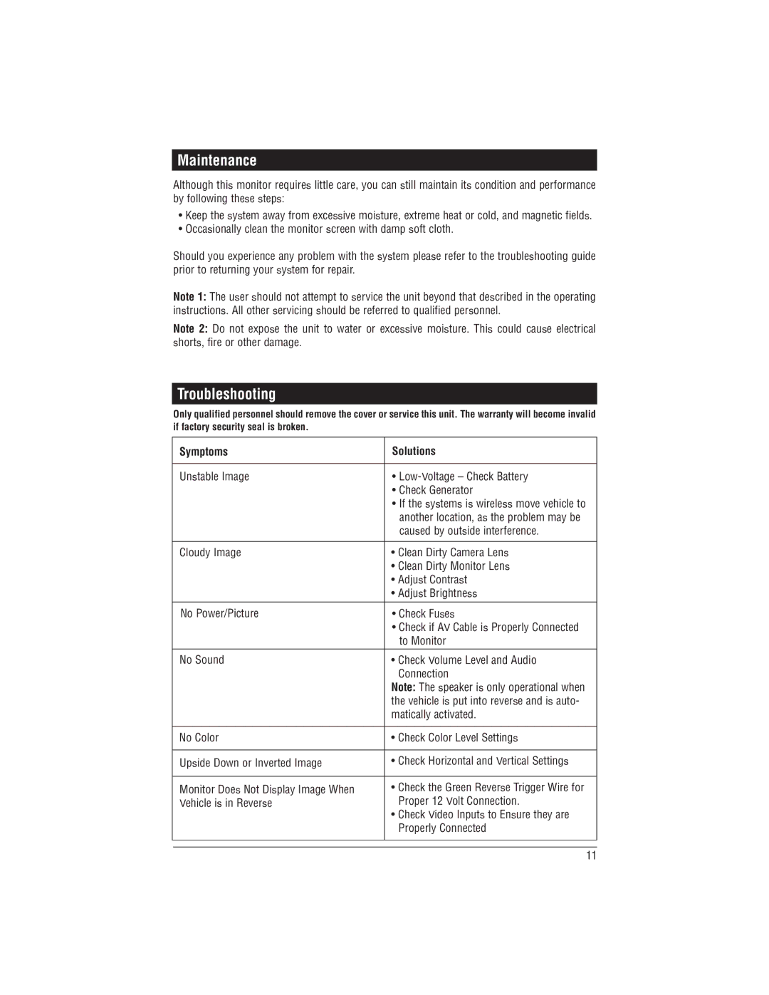 Magnadyne M125C installation manual Maintenance, Troubleshooting, Symptoms Solutions 