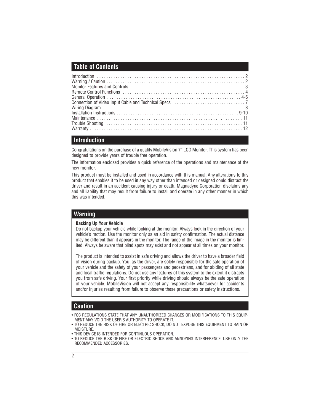 Magnadyne M125C installation manual Table of Contents, Introduction 