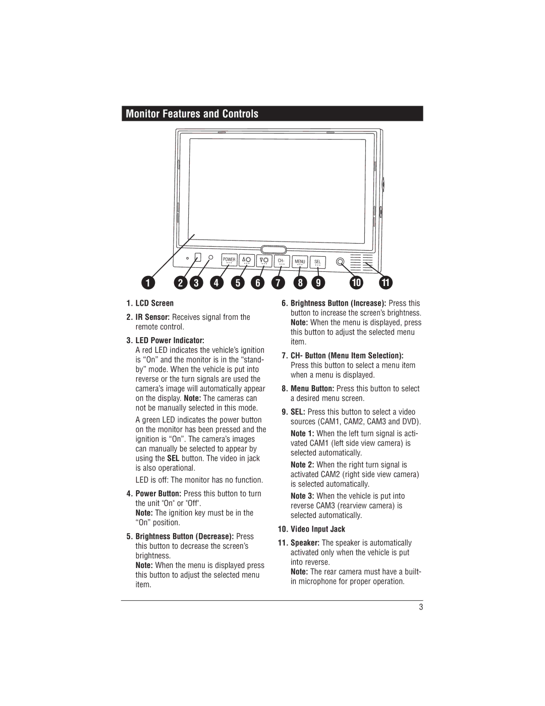 Magnadyne M125C installation manual Monitor Features and Controls, LCD Screen, LED Power Indicator, Video Input Jack 