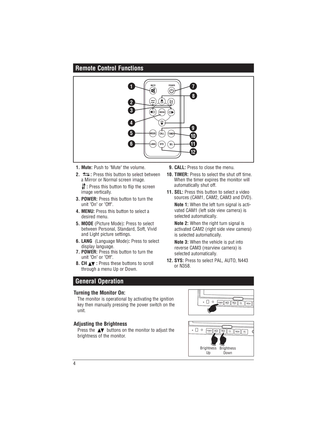 Magnadyne M125C Remote Control Functions, General Operation, Turning the Monitor On, Adjusting the Brightness 