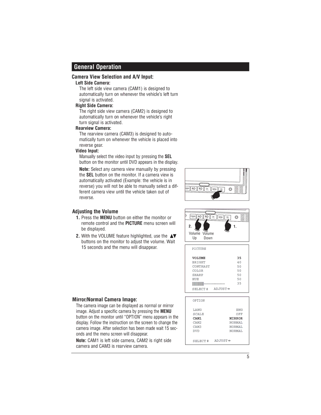 Magnadyne M125C installation manual Camera View Selection and A/V Input, Adjusting the Volume, Mirror/Normal Camera Image 